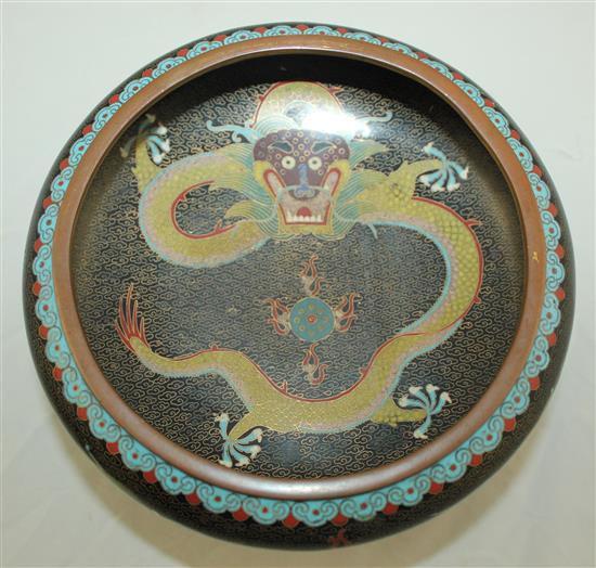 Chinese cloisonne enamel dragon shallow bowl, Ming mark, early 20th century, diam.20.5cm, ebonised wood stand